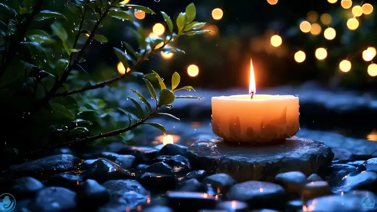 wet、there is a lit candles sitting on a rock in the water, peaceful atmosphere, candles lights, candles light, candles lit, cand...