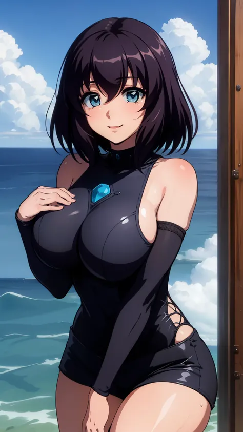 henrietta,,The Familiar of Zero,17_year_old_girl,purple_hair,blue_eyes,large breasts, huge breasts, 
BREAK (black bodysuit, detached sleeves, bare shoulders, shorts, skin tight:1.2), BREAK fishnet, ocean, partially submerged, happy, looking at you, closed ...