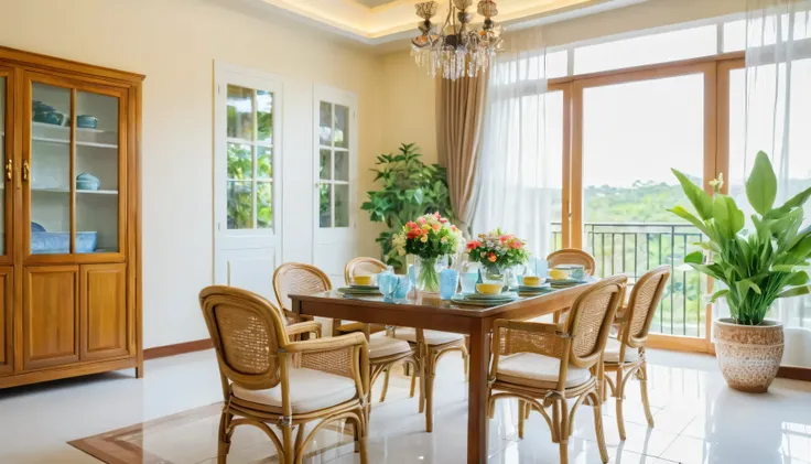 in a room that is bright during the day, beautiful room layout, arrangement of guest chairs, decorated with natural flower flower pots, interior background of ceramic glass plates arranged on a blurred wooden cupboard