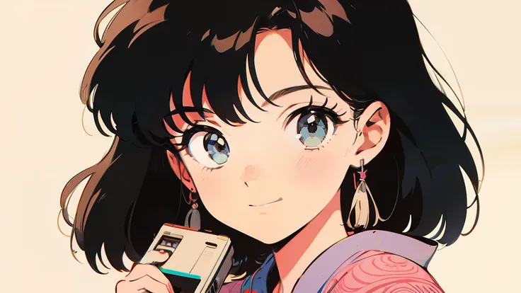 An anime style drawing of a girl holding a cassette tape. The girl wearing yukata,
The background is simple and the main focus is on the girl and the cassette tape.
The girl has big eyes, brown hair, and wears yukata. The cassette tape is red and labeled ...