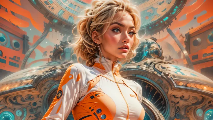 arafed image of a white woman in a futuristic suit with a spaceship in the background, movie art, in front of an orange backgrou...