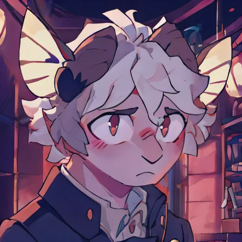 femboy, messy hair, alone, curly hair, in room, close up pov, dyed highlights in hair, gay, white hair, moth ears, moth wings, :3, embarrassed.