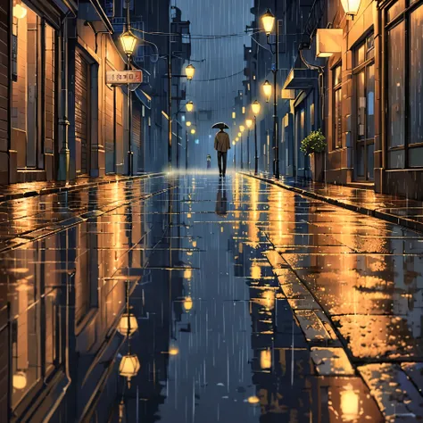 In the night street, raindrops gently patter on the pavement as street lamps cast faint, warm glows. A quiet atmosphere envelops the corners of this city, pierced only by the sounds of rain and occasional passing vehicles. A young man walks alone along the...