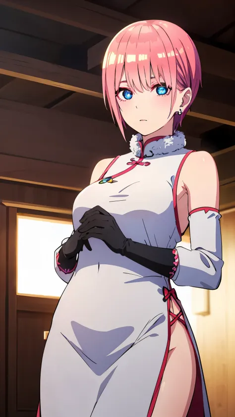 ichikanakano, ichika nakano, short hair, bangs, blue eyes, hair between eyes, pink hair, earrings, BREAK bare shoulders, black gloves, chinese clothes, claw ring, detached sleeves, dress, elbow gloves, frilled sleeves, frills, fur collar, gloves, jewelry, ...