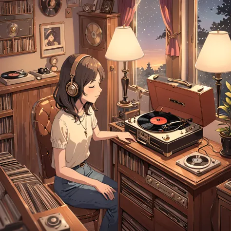 In a cozy room adorned with vintage decor, an anime girl sits comfortably beside a classic record player. The record player is a nostalgic piece, crafted from polished wood with intricate detailing and adorned with leather accents. Soft, warm light from a ...