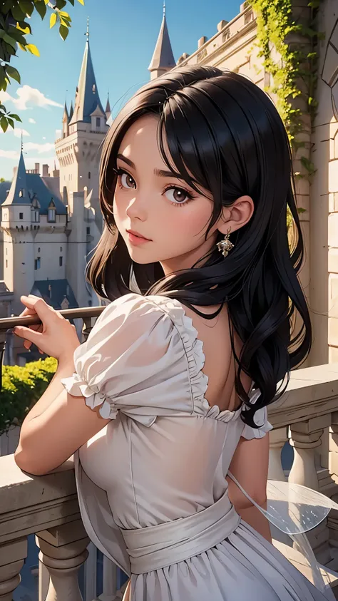 Beautiful fairy tale princess with black hair, brown eyes leaning out on the balcony of a castle close-up of the face 