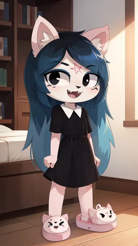 score_9,score_8_up,score_7_up, source_cartoon, source_furry, claire, furry cat girl, white fur, blue long hair, parted bangs, fangs, black eyes, slit pupils, :3, pentagram forehead mark, ((black collared dress, short sleeves, pink animal slippers)), cat ea...