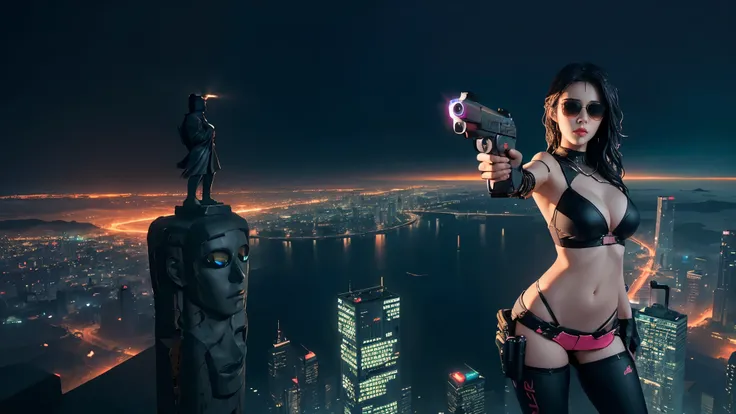 At night, dark sky, aerial view of fantasy cyberpunk style Moai-statue city, ((flying vehicle)). (1girl, solo), photo realistic, medium-breast:1.1 slim body, cleavage, sexy clothes, (black sunglasses), (((hip-up standing aiming pistol pose))), half-body th...