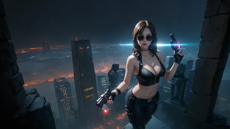 At night, dark sky, aerial view of fantasy cyberpunk style Moai-statue city, ((flying vehicle)). (1girl, solo), photo realistic, medium-breast:1.1 slim body, cleavage, sexy clothes, (black sunglasses), (((hip-up standing aiming pistol pose))), half-body th...