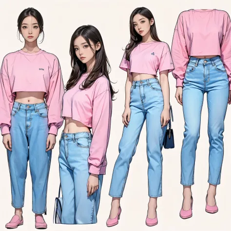 ((masterpiece,best quality;1.3,best illustration)),((character design sheet)) headphone , 1 woman ,19 year old attractive beauty ,Wearing the,seoul ,wearing light blue pants,pink crop top ,loafers ,((no background)),