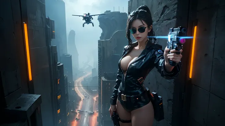 At night, dark sky, aerial view of fantasy cyberpunk style Moai-statue city, ((flying vehicle)). (1girl, solo), photo realistic, medium-breast:1.1 slim body, cleavage, sexy clothes, (black sunglasses), (((hip-up standing aiming pistol pose))), half-body th...