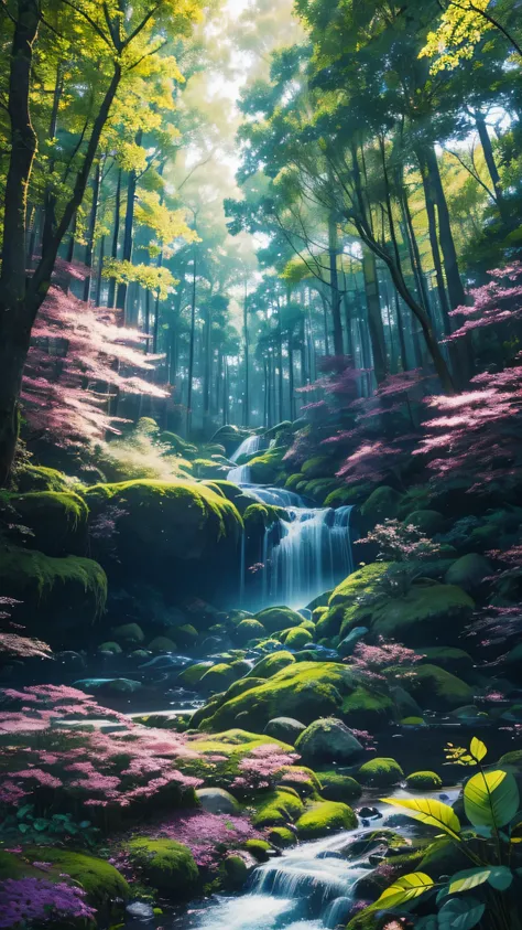 "Create an art piece where a mystical forest blends seamlessly with flelements, inspired by the vibrant color palettes and dynamic angles commonly found in anime. Capture the essence of both nature and technology coexisting harmoniously."