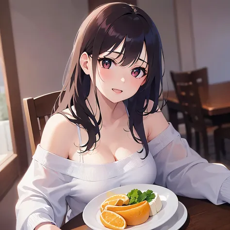 cleavage、holding a beer, Realistic, real person, (pale skin: 1.2), RAW photo, photorealistic, shiny skin, shiny hair、(A 25-year-old woman with medium-length hair and bangs) and (wavy hair) and (brown hair) and (Orange Eyes) , (white) and (off shoulder blou...