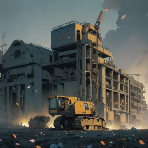 Detailed Machinery、Abandoned Factory、Atrium、White Flower Field、(((Rusty heavy equipment)))、Pitch Black Night、(((Blue dark)))、fog、Detailed Background、Top Quality、(((No humans)))、Broken heavy machinery、Complex heavy machinery、Faint lighting、(((Flying petals)...