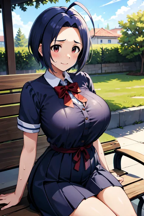 masterpiece, best quality, highres, aaazusa, short hair, ahoge, parted bangs, ,school uniforms, outdoors, bench, sitting, A kind smile,Troubled face,sweat,breath,blush,(large breast:1.2),big tits,busty,Curvaceous,Hourglass Shape,A well-defined figure,slend...