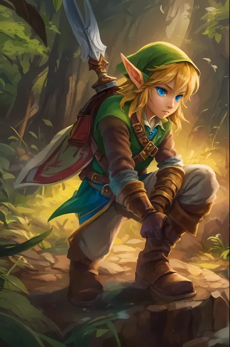 Create a breathtaking, ultra-high-definition image in 16K resolution that captures the essence of high fantasy and adventure, inspired by the creators original art style from The Legend of Zelda. | Visualize Link, the iconic hero, with his signature green ...
