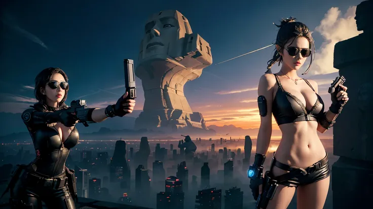 At night, dark sky, aerial view of fantasy cyberpunk style Moai-statue city, ((flying vehicle)). (1girl, solo), photo realistic, medium-breast:1.1 slim body, cleavage, sexy clothes, (black sunglasses), (((hip-up standing aiming pistol pose))), half-body th...