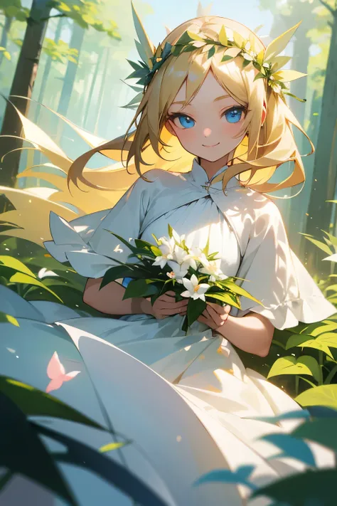 best quality, masterpiece, girl, young, teenage, blonde hair, fair skin, blue eyes, smile, forest, single-wing, flower crown, white dress