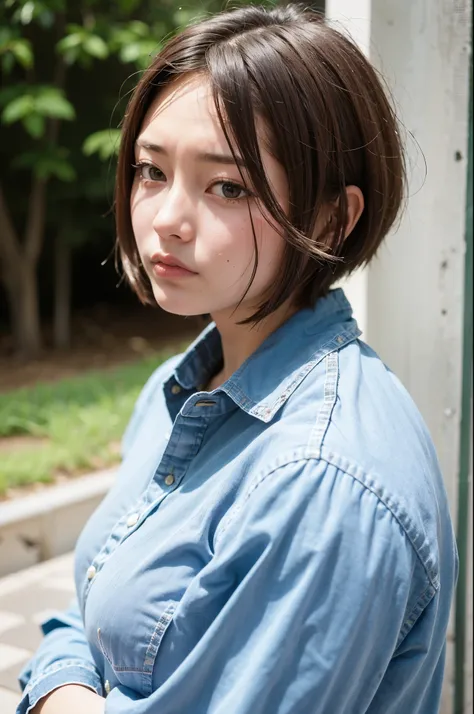 Top quality, 1 beautiful woman, super short Hair, gold hair, wearing Shirt, Scowling, Natural Light, at park 