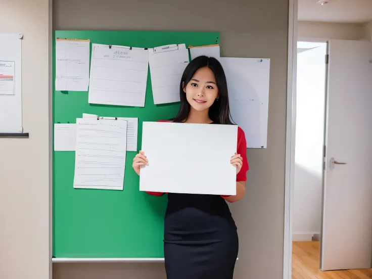 Woman holding a white board　front