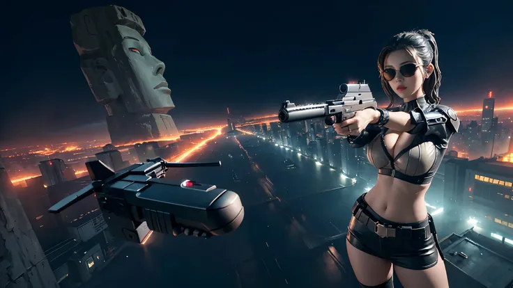 At night, dark sky, aerial view of fantasy cyberpunk style Moai-statue city, ((flying vehicle)). (1girl, solo), photo realistic, medium-breast:1.1 slim body, cleavage, sexy clothes, (black sunglasses), (((hip-up standing aiming pistol pose))), half-body th...