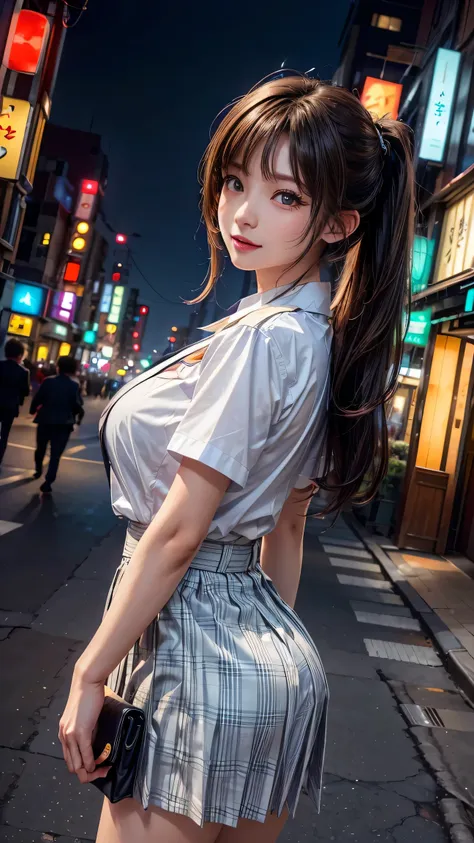 1 girl、on the streets of tokyo、city view、夜のcity view、neon street、close、laughter、、(8k、original photo、highest quality、masterpiece:...