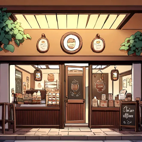 fashionable cafe、There is the warmth of wood、At home、Friendly atmosphere、shop front、The aroma of coffee wafts in the air、illustratio、handdraw、View from the front、inside restaurant