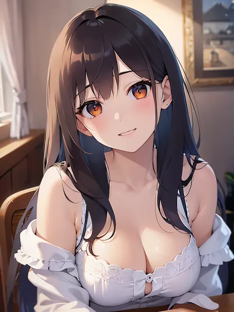 cleavage、head tilt, Realistic, real person, (pale skin: 1.2), RAW photo, photorealistic, shiny skin, shiny hair、(A 25-year-old woman with medium-length hair and bangs) and (wavy hair) and (brown hair) and (Orange Eyes) , (white) and (off shoulder blouse) 、...