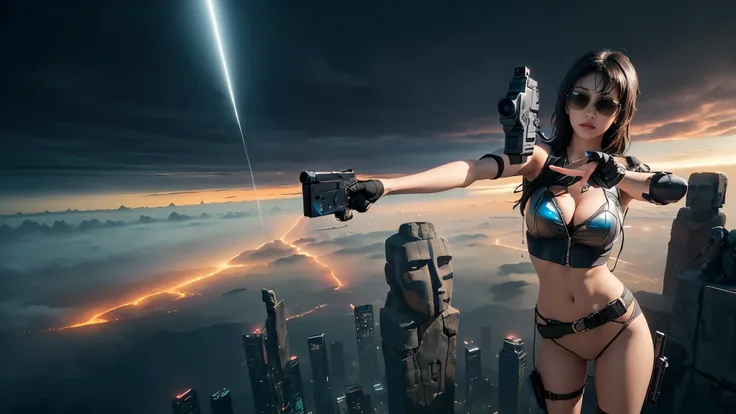 At night, dark sky, aerial view of fantasy cyberpunk style Moai-statue city, ((flying vehicle)). (1girl, solo), photo realistic, medium-breast:1.1 slim body, cleavage, sexy clothes, (black sunglasses), (((hip-up standing aiming pistol pose))), half-body th...