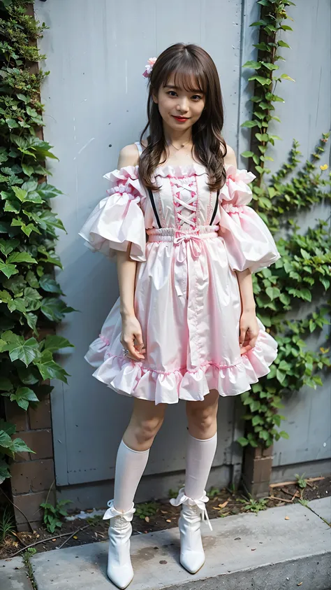 (8K、RAW Photos、Highest quality、masterpiece:1.2)、(Highest quality、Realistic)、1 Girl、((Frills、See-through、Off the shoulder、Idol Costume、tights、pink and black mini skirt、Thin legs、whole body、boots、garden、View from the front、Looking into the camera、ribbon、Stan...