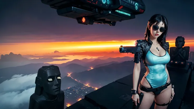 At night, dark sky, aerial view of fantasy cyberpunk style Moai-statue city, ((flying vehicle)). (1girl, solo), photo realistic, medium-breast:1.1 slim body, cleavage, sexy clothes, (black sunglasses), (((hip-up standing aiming pistol pose))), half-body th...