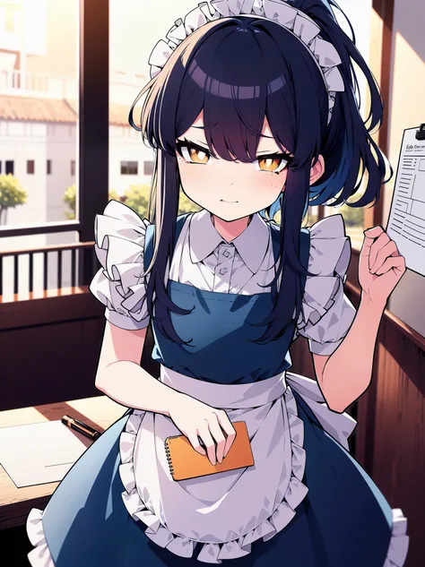 (cowboy shot), (best quality, ultra-high resolution, depth of field:1.2), 1man, freckles, (feminine), flat chest, (dark blue hair:1.2), ponytail, (orange eyes), bright pupils, (dark blue maid uniform), frills, maid headdress, maid apron, (cafe scenery), ne...