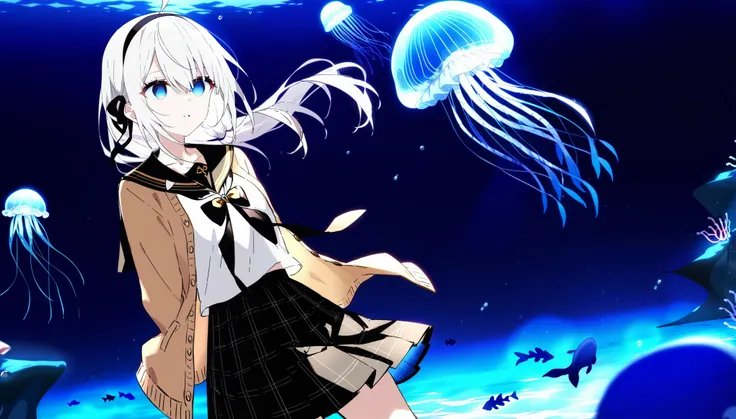 1girl, ciloranko:1.1, noyu (noyu23386566), wanke, minato_ojitan, (z282g:1.3), studio anime, anime screencap, official art, absurdres, best quality, perfect anatomy, newest, new, empty eyes, 1girl, skirt, long hair, blue eyes, shirt, sailor collar, jellyfis...