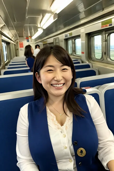 A young Japanese woman with slightly larger breasts laughs on a train seat