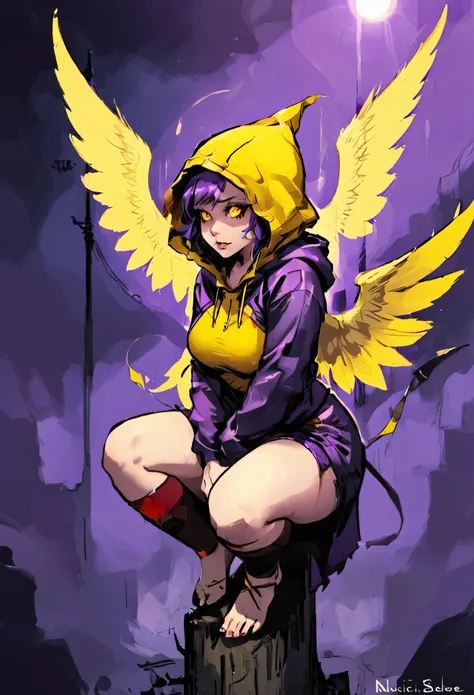 score_9, score_8_up, score_7_up, score_6_up, score_5_up, score_4_up, BREAK source_anime,rating_risky,a girl, curvy, pale skin, harpy, squatting on a pole, wings outstretched, face hidden in shadows, hood on head, yellow glowing eyes, thich thighs, shorts, ...