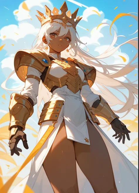 (Fraction_9,Fraction_8_Direction_7_up),1 Woman,Sun God，whole body，Apollo，Sun-shaped crown on head，Brown skin，White hair，Wearing golden armor，noble，White robe，Show your thighs，