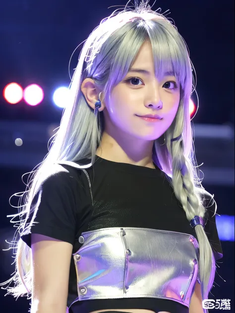 (8k, Top quality, Masterpiece:1.2), (Realistic, photo-realistic:1.37), Super detailed, perfect anatomy, cute, small eye, idol outfit, 18 years old, Japanese, girl, on stage, silver hair, short sleeve,