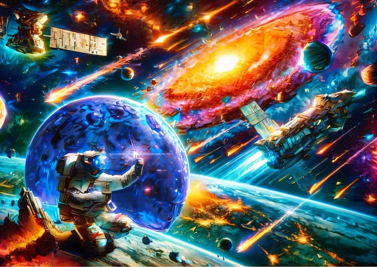 The background is a spectacularly large interstellar galaxy with planets orbiting it. The image includes elements such as spaceships, rocket ships and other celestial bodies. An astronaut photographs colorful galaxies and comets surrounded by space debris,...