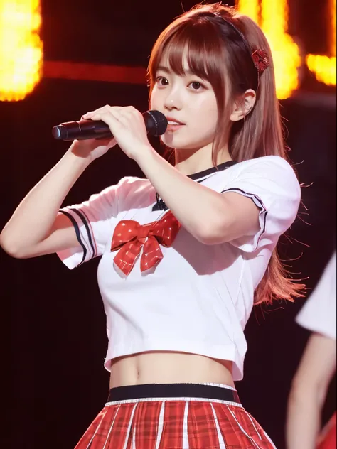 (8k, Top quality, Masterpiece:1.2), (Realistic, photo-realistic:1.37), Super detailed, perfect anatomy, cute, small eye, idol outfit, 18 years old, Japanese, girl, on stage, rose gold hair, short sleeve,