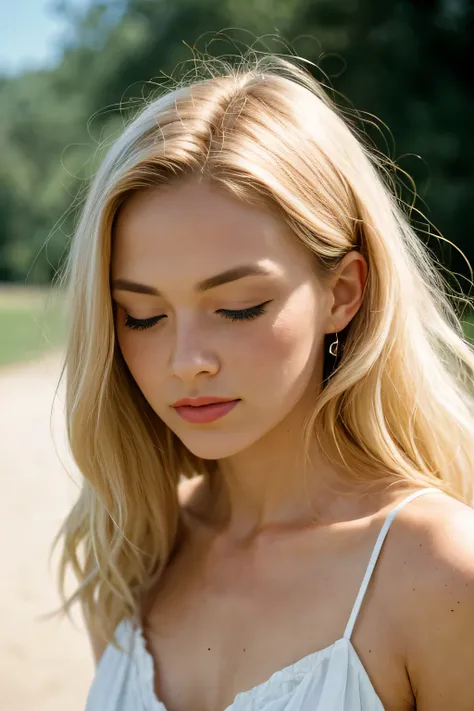 Beautiful blonde woman with freckles, Portra 400 film photo, analog inspiration, with one eye closed