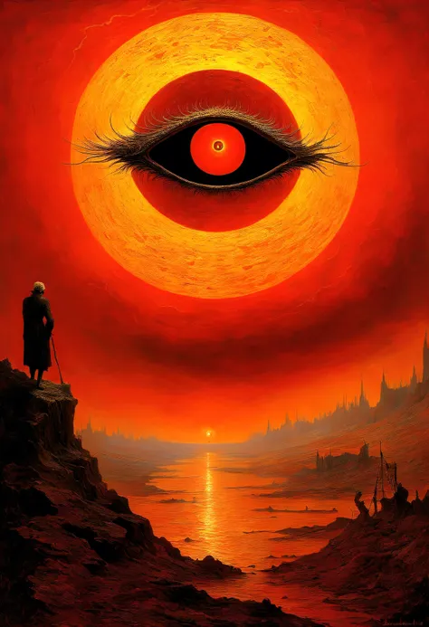 Mythical creatures, author:Zdzislaw Beksiński and Vincent van Gogh, Red moon and big eyeucha