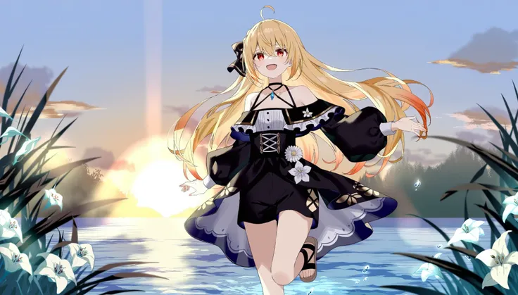 1girl, ciloranko:1.1, noyu (noyu23386566), wanke, minato_ojitan, (z282g:1.3), studio anime, anime screencap, official art, absurdres, best quality, perfect anatomy, newest, new, empty eyes, red eyes, solo, outdoors, long hair, shorts, water, ahoge, lookin...
