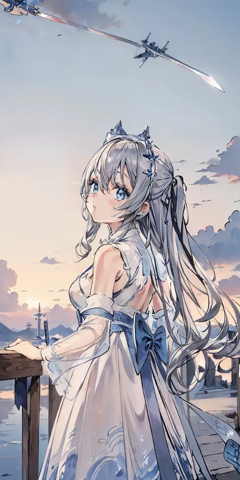 ((Best quality)), ((Masterpiece)), ((Ultra-detailed)), (illustration), (Detailed light), (An extremely delicate and beautiful),A charming young girl,White long hair,Blue sky,The sword floated behind his back.