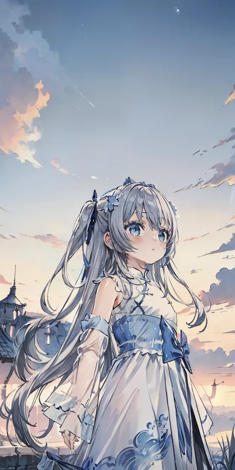 ((Best quality)), ((Masterpiece)), ((Ultra-detailed)), (illustration), (Detailed light), (An extremely delicate and beautiful),A charming young girl,White long hair,Blue sky,The sword floated behind his back.