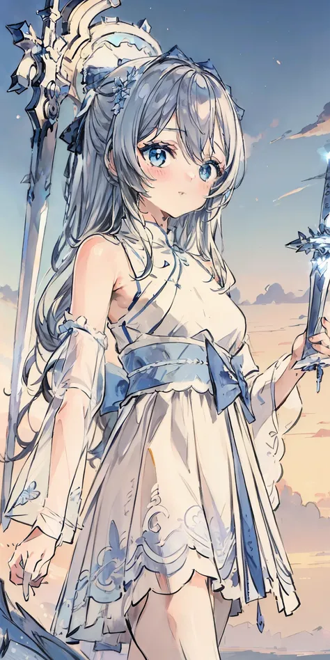 ((Best quality)), ((Masterpiece)), ((Ultra-detailed)), (illustration), (Detailed light), (An extremely delicate and beautiful),A charming young girl,White long hair,Blue sky,The sword floated behind his back.