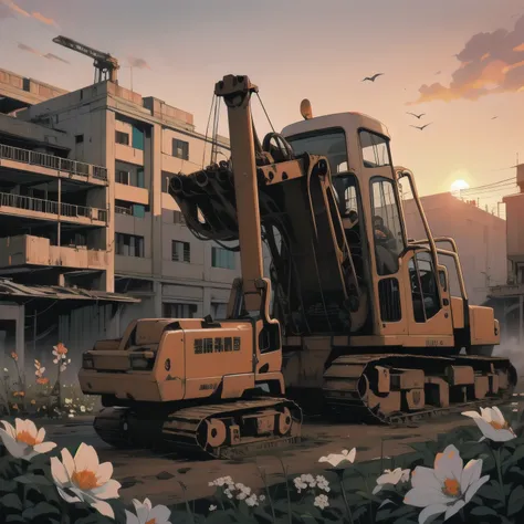 Detailed Machinery、Abandoned Factory、Atrium、White Flower Field、(((Rusty heavy equipment)))、fog、Detailed Background、Top Quality、(((No humans)))、Broken heavy machinery、(((Sunset)))、Fisheye Lens、White Bird