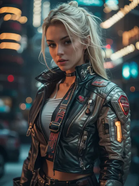 1 ultra hot gorgeous European Cyberpunk woman. Age 23. Blonde hair. cowboy shot, NSFW,  futuristic, mechanical aesthetics, complex machinery, high-tech futuristic Cyberpunk city in the background, virtual engine 5, cinematic lighting.