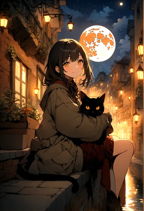 (in 8K、top-quality、​masterpiece:1.2)、One woman、(Smiling smile:1.1)、presents a nighttime urban scene with a black cat sitting on a ledge overlooking a canal. The cats eyes glow in the moonlight, reflecting the full moon that dominates the sky. The canal is ...