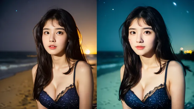 A very cute face like an idol、One 20-year-old woman with a youthful appearance、(Cleavage)、(((Beautiful starry sky on the beach at night)))、((Very dim lighting))、((cinematic lighting))、((Don&#39;t expose your face to the light))、((Long-distance shot))、RAW P...