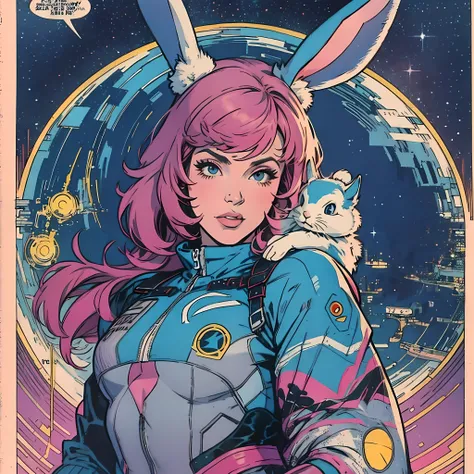 ultimate best quality,beautiful woman,speech bubble,big brest,galaxy,60s,70s,80s,colorful,cosmo,space,((rabbit)),